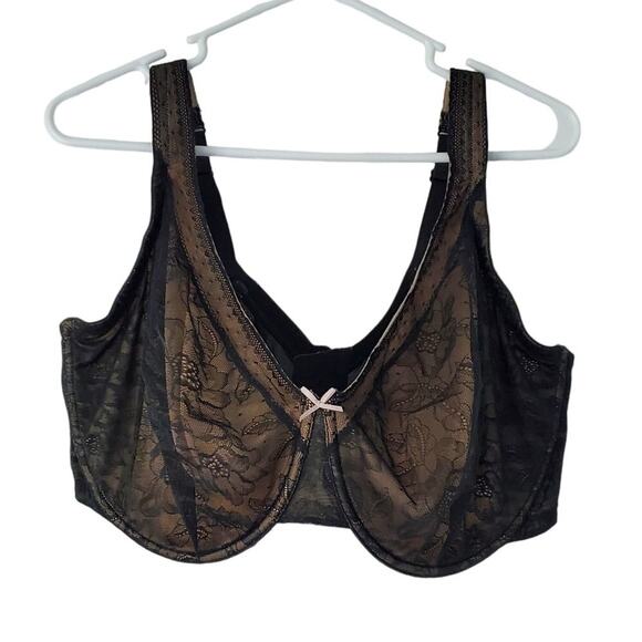 Cacique Black Modern Linear Lace Unlined Full Coverage Bra 44H Feminine Elegant - Picture 1 of 14